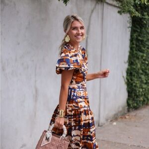 Hunter Bell Cassidy Blue Harvest Puff Sleeve Midi Dress Size 6